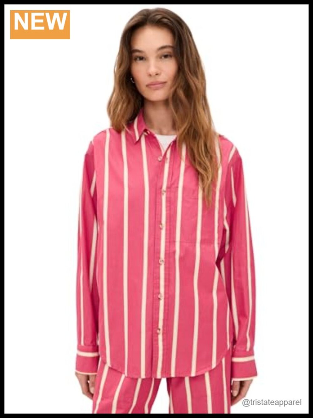 Women's Striped Button Down Shirt Long Sleeve Cotton Poplin Patch Pocket
